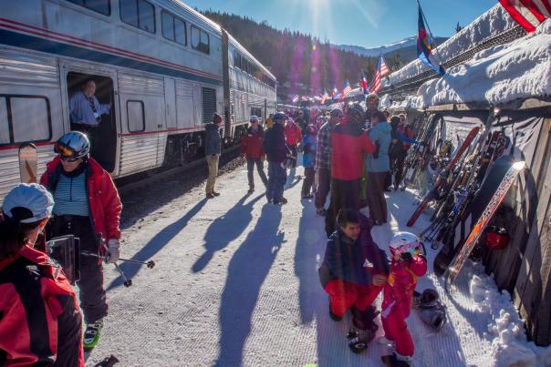 People departing the Winter Park Express Ski Train