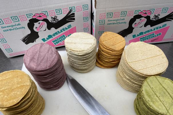 Stacks of different kinds of tortillas from Raquelitas Tortillas