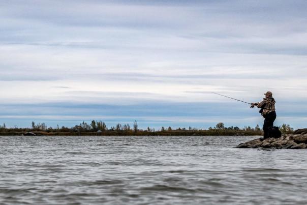 Pat Kalmerton shore fishing on October 15, 2025 on Devils Lake, North Dakota.