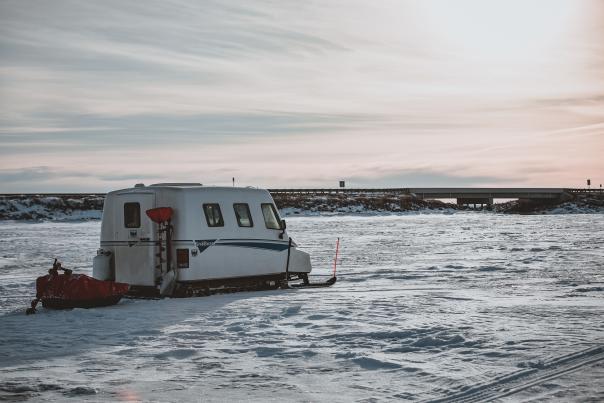 A vehicle called a Sno Bear on the ice in Devils Lake, ND.