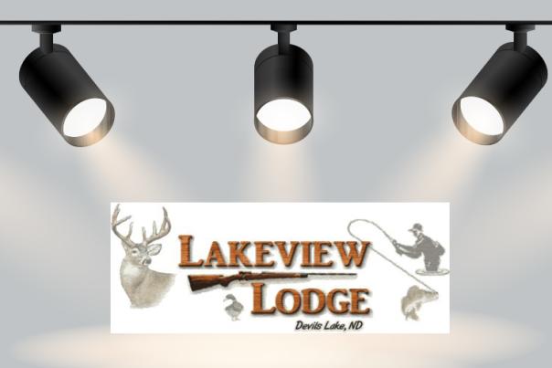 A spotlight shining on the logo for Lakeview Lodge in Devils Lake, North Dakota.