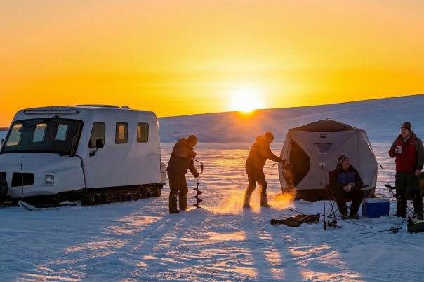 SnoBear on a frozen Devils Lake with anglers ice fishing around an ice fishing tent
