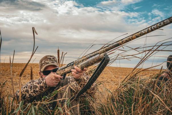 Pat Kalmerton waterfowl hunting in an A-Frame in Devils Lake, ND.