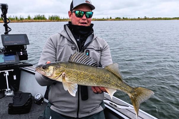 Fishing 411 crew member holds up a large walleye while fishing in the boat on Devils Lake, ND