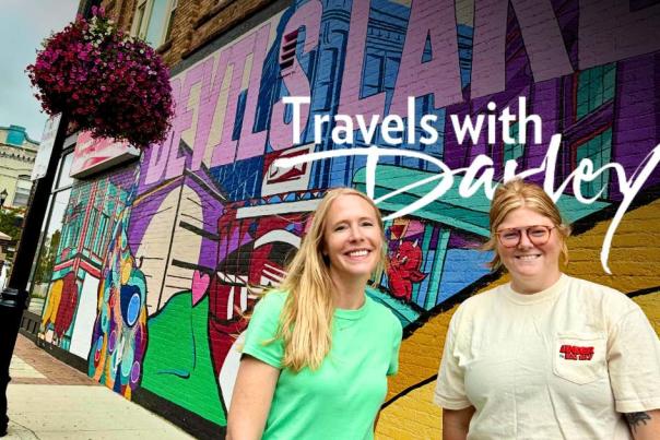 Darley Newman with Travel with Darley is downtown Devils Lake, ND.