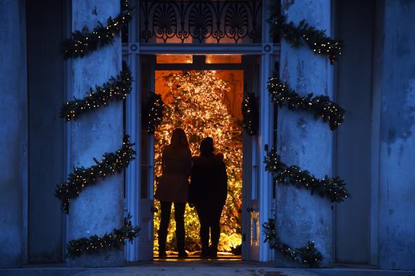 Christmas tree in the entrance hall at Saltram National Trust