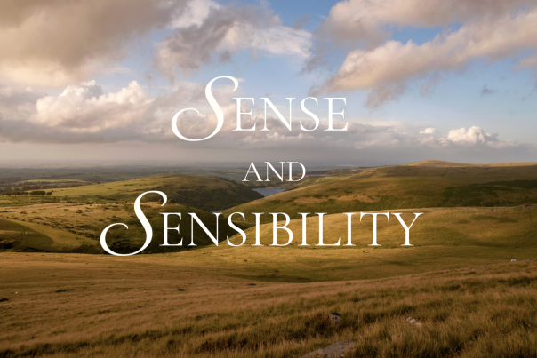 A wide landscape of rolling green hills under a bright, partly cloudy sky in Dartmoor. Sunlight breaks through the clouds, illuminating sections of the hills. Large white serif text reading “Sense and Sensibility” is centred over the scenery.