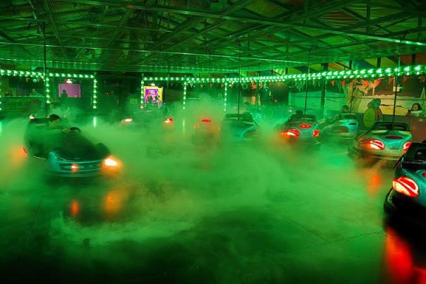 Dodgems at the Milky Way with green mist around for their halloween event