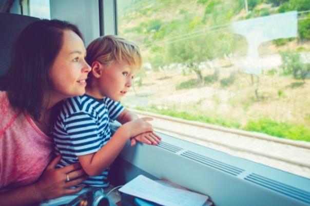 mother and son on a train