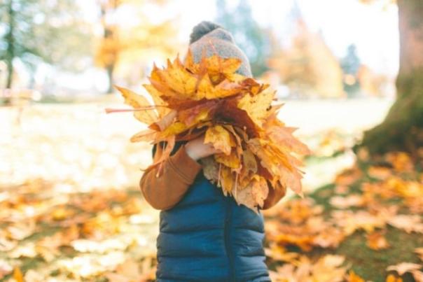 child with winter leaves