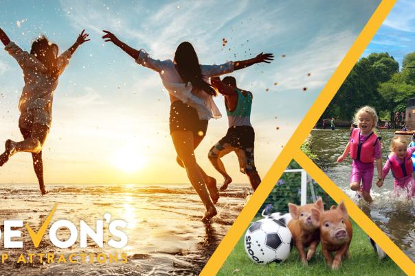 People joyfully play at sunset on a beach, kids enjoy a river with a kayak, and piglets with a soccer ball. Text reads “Devon’s Top Attractions.”
