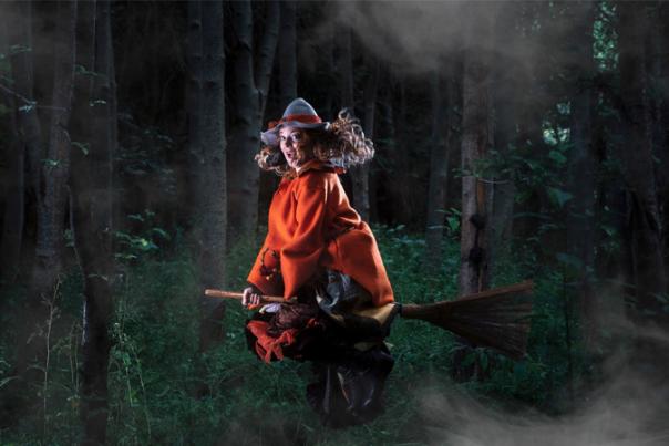 image shows a witch on a broomstick