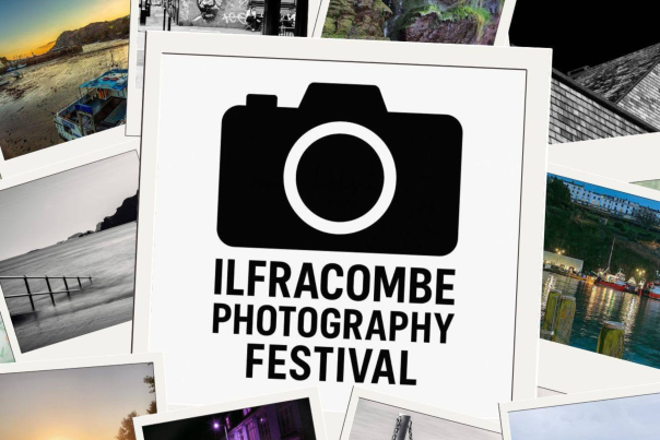 A promotional graphic for the Ilfracombe Photography Festival featuring a bold black camera icon in the centre with the festival name beneath it. Around the central logo are scattered photo prints showing coastal landscapes, harbour scenes, architectural details and artistic street photography, arranged like a collage to showcase the variety of images celebrated by the festival.