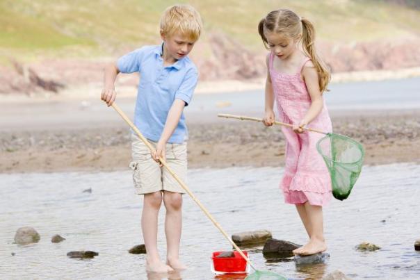 children with nets on beach