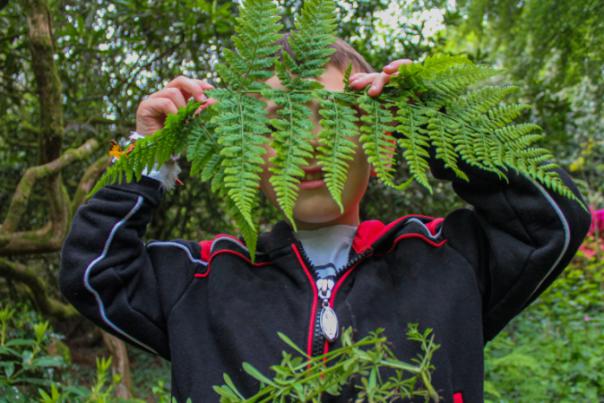 child with leaves
