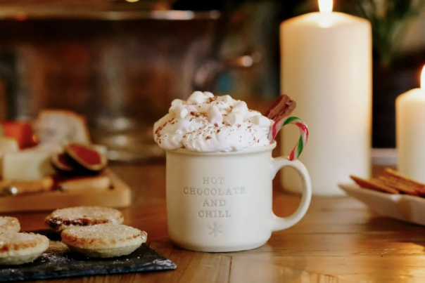 Hot chocolate with whipped cream and cookies