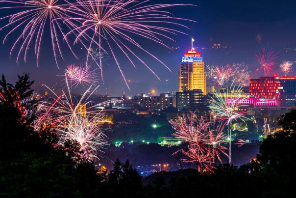 Fireworks display over downtown Allentown in Lehigh Valley, PA