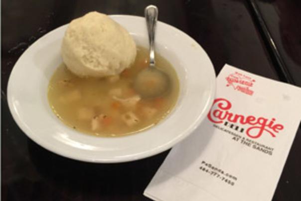 Enjoy yummy soup at the Carnegie Deli.
