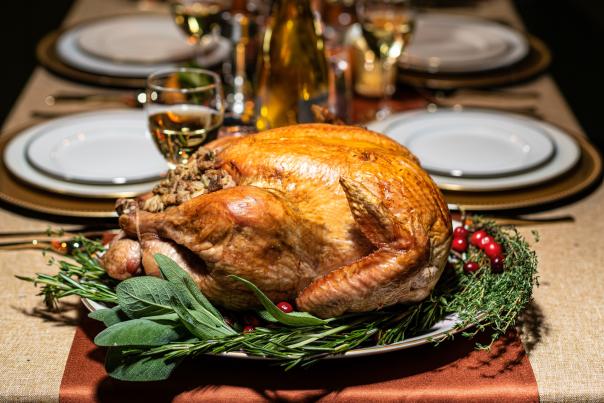 A Jaindl turkey on a dinner table set for Thanksgiving
