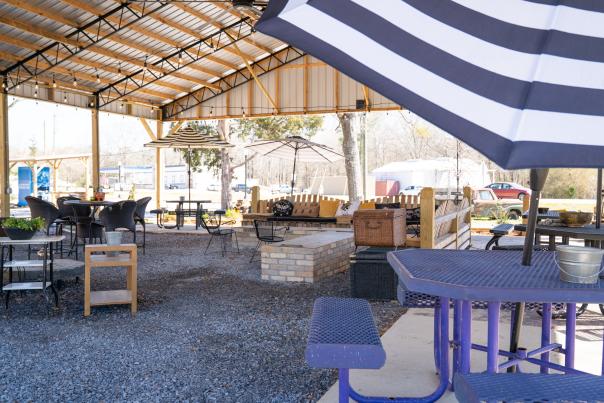 Open seating and umbrellas are ready for visitors at Wilsonville's 25 at Main Food Truck Park.