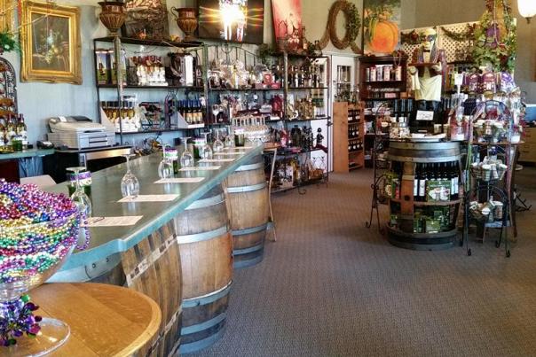 Morgan Creek Winery is decorated with Mardi Gras beads and other purple, green and gold items in their gift shop full of wine, jams, and other fun items.