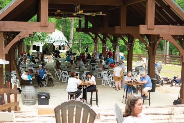People enjoy a day at Cat n Bird winery under the pavilion.