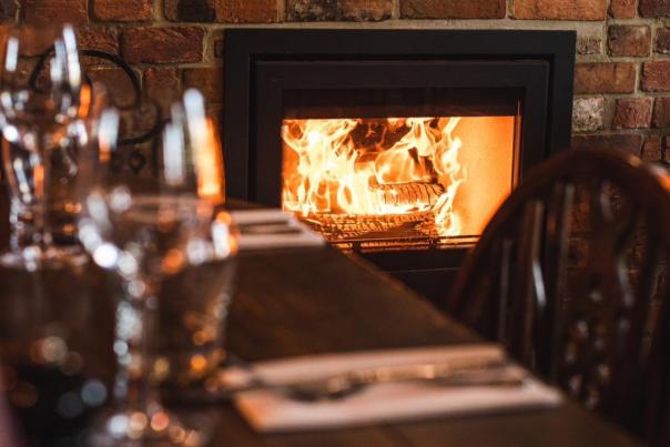 Winter fire at the Old Inn at Holt, Dorset