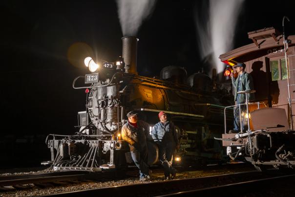 Durango and Silverton Narrow Gauge Railroad Train at Night during Fall