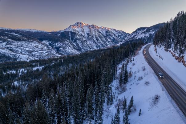 Drone Sunset Over North Twilight Peak Near Coal Bank Pass During Winter