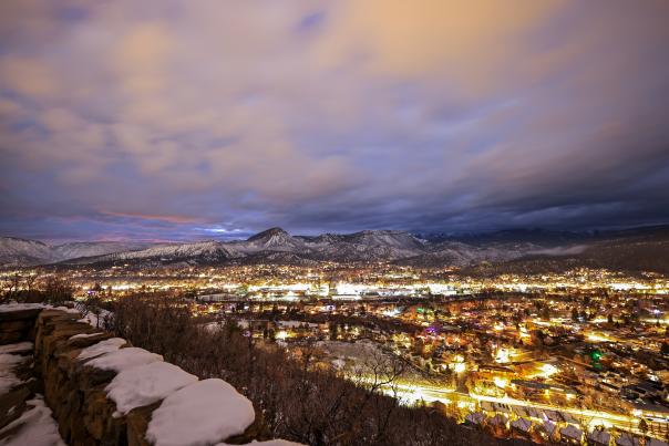 Drone Shot of Downtown Durango During Winter at Night
