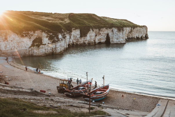 The sun sets over the beach at Flamborough North Landing in East Yorkshire