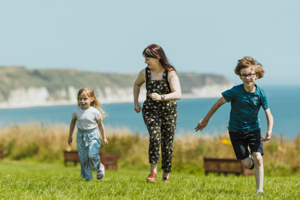 A mother and her two children on the cliff tops along the East Yorkshire coast