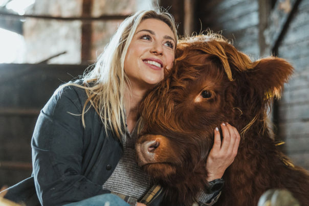 A lady cuddling a highland calf at Dumble Farm in East Yorkshire