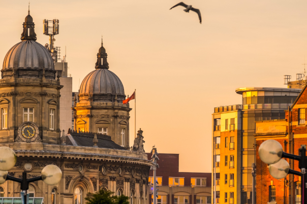 Hull city centre rooftops at Sunset