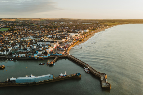 An ariel view over Bridlington harbour and town, town and north side.