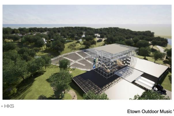 Rendering of an aerial shot of the Outdoor Venue that also shows the back of the stage.