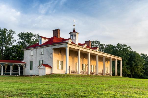 East front of mansion at sunrise at George Washington's Mount Vernon