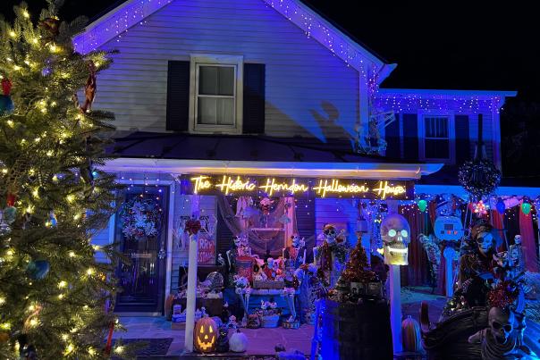 Spooky Halloween decorations on a Herndon home