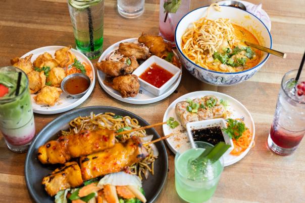 On overhead image of several Thai dishes at Sisters Thai.