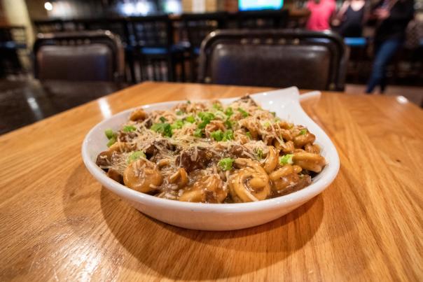 noodle dish in skillet at boiler room