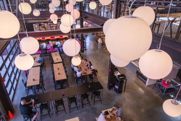 overhead shot of fun lighting in Brewhalla