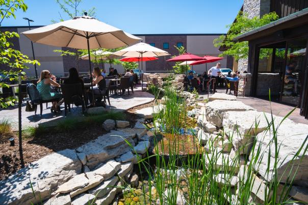 patio near a pond on a summer day