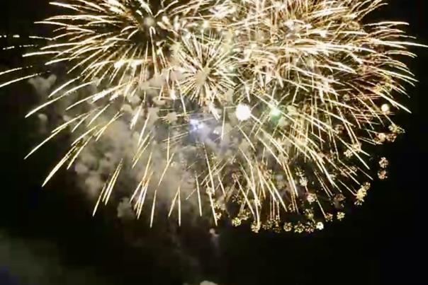 Fireworks at night over Canandaigua Lake.