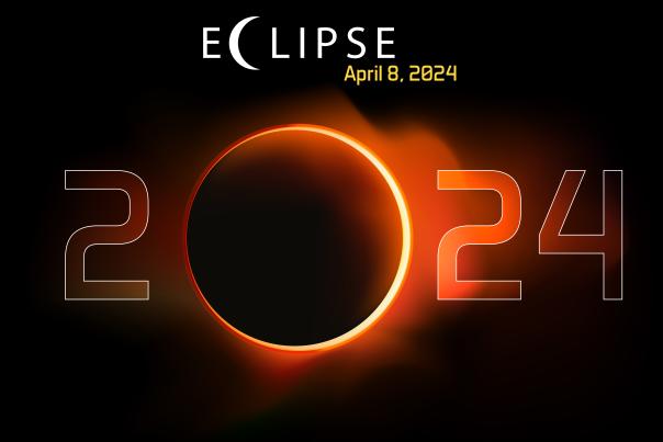 Image showing the numbers 2024 with the zero being an image of a nearly full eclipse. Text above says Eclipse April 8, 2024