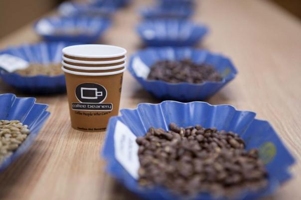An image of several stacked paper coffee cups stamped The Coffee Beanery with coffee filters filled with coffee beans lined up beside them.