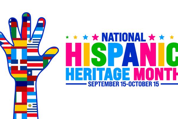 A drawing of a hand, outlined in blue, with many national flags inside it. Beside the hand is the text "National Hispanic Heritage Month September 15-October 15.