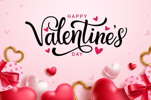 A banner saying "Happy Valentine's Day" written in black, on a pink background, with red, white, and pink hearts beneath.