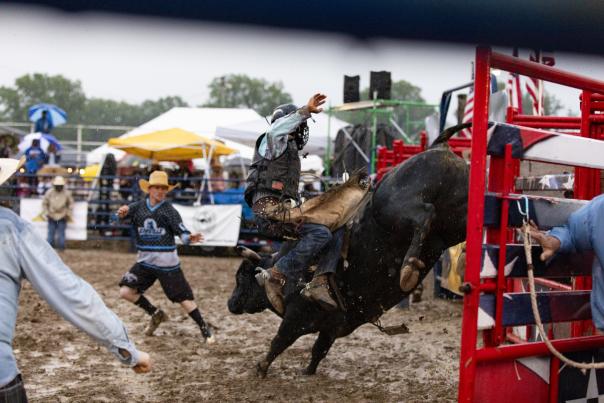 A man is facing backward as he rides a bull, with handlers watching nearby.