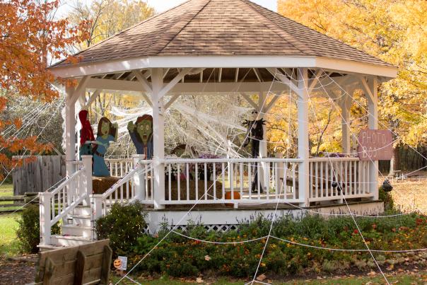 The gazebo at Crossroads Village is decorated for Halloween.