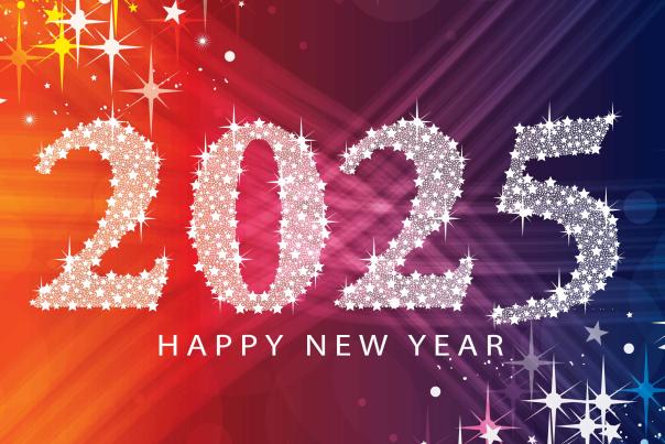 A graphic image with star bursts in the top left and lower right corners. There is the number 2025 sparkling in the center with the words Happy New Year in caps below it.